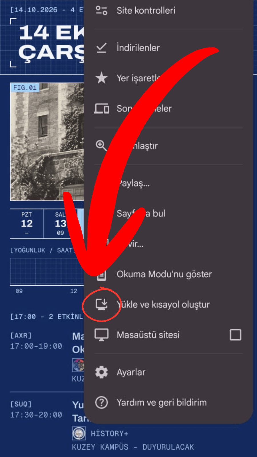 Chrome menüsü açık; “Yükle ve kısayol oluştur” seçeneği işaretli
